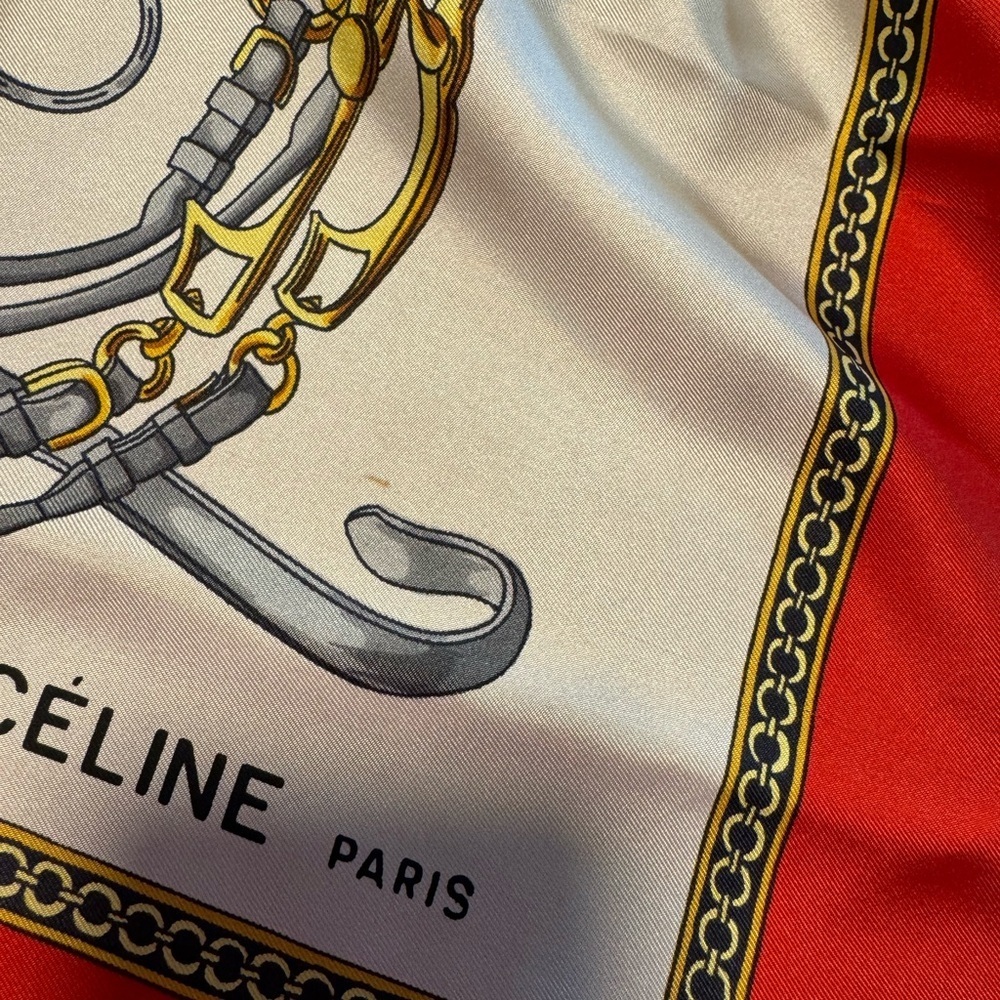Celine Vintage 100% Silk Scarf Red Cream Gold - Picture 7 of 9